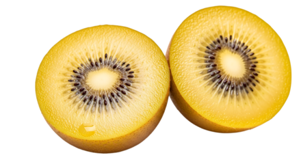 Two halves of a golden kiwi fruit isolated on transparent background, showcasing its vibrant yellow flesh, black seeds, and juicy texture, a delicious and healthy tropical treat