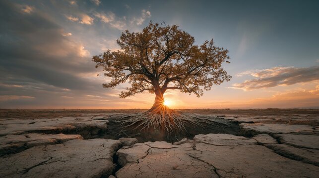 Lonely tree at sunset on cracked earth