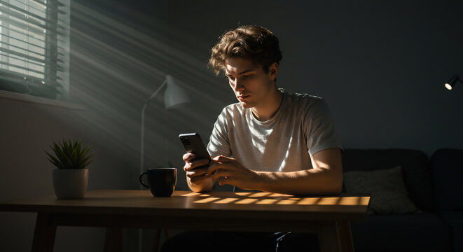 A young man intently using his smartphone at a table, bathed in dramatic sunlight streaming through window blinds, illustrating digital life, communication, and modern remote living