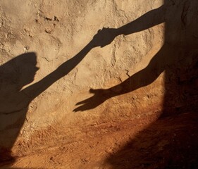 Shadow Handshake: A captivating image of two shadows, one extending a hand to another, symbolizing support, unity, and partnership amidst an arid landscape.