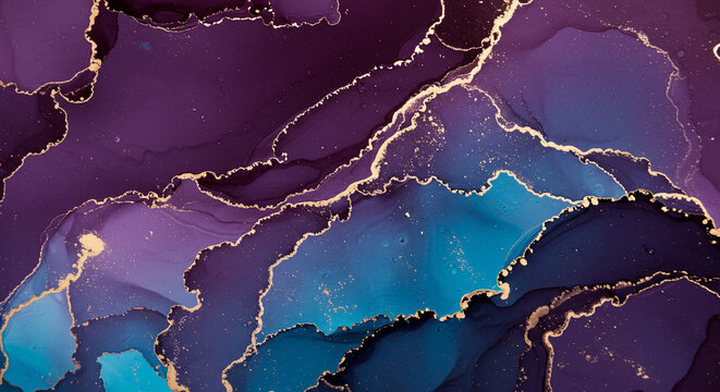 Abstract alcohol ink art featuring rich purple, blue, and teal hues with shimmering gold details. A luxurious, flowing texture for modern backgrounds, art prints, or elegant design projects