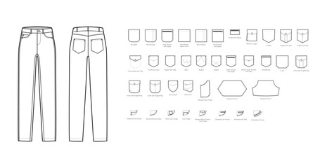 Set of Jeans with pockets - Denim technical fashion illustration with Patch, Rounded, traditional Kangaroo angled 5, Rivets. Flat blue bottom template front, back, grey color style. CAD mockup