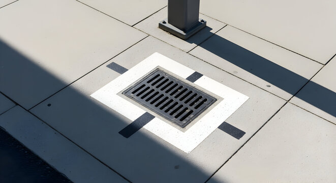Urban Drainage Structure Grate With Geometric Shadow And Concrete Tiles Design