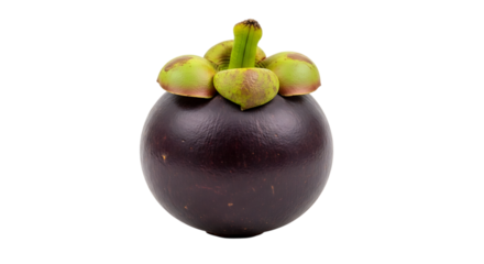 A whole mangosteen isolated on transparent background showcases its deep purple rind and green crown, hinting at the sweet and tangy flavor within this exotic fruit