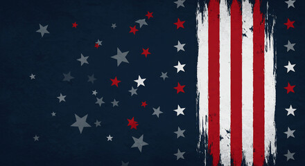 Abstract grunge American flag background featuring distressed red and white vertical stripes on a dark blue field, with scattered stars. Perfect for patriotic holidays like 4th of July, Memorial Day