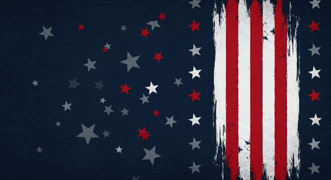Abstract grunge American flag background featuring distressed red and white vertical stripes on a dark blue field, with scattered stars. Perfect for patriotic holidays like 4th of July, Memorial Day