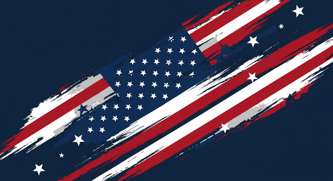 Abstract grunge American flag background with distressed brushstrokes and stars on dark blue. Ideal for patriotic events, national holidays, celebration, or freedom concepts. A modern artistic