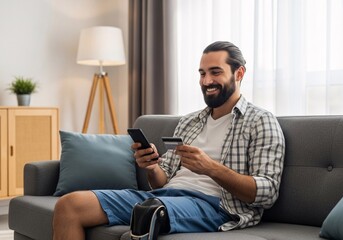Man online shopping with credit card and smartphone on sofa at home concept