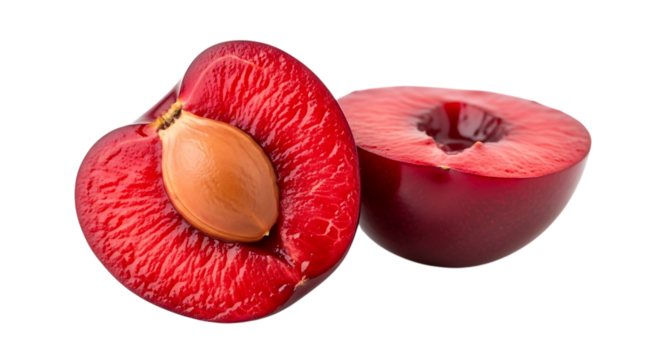 Two slices of a ripe red plum, one with a seed, isolated on transparent background, showing the juicy flesh and smooth skin of this delicious and healthy fruit