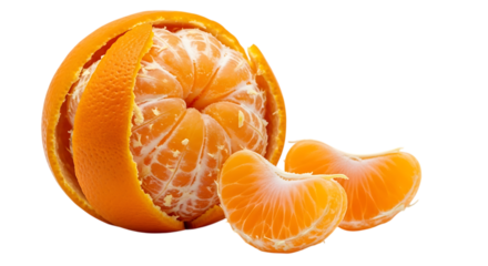 Closeup of a partially peeled mandarin orange with two segments isolated on transparent background, showcasing its vibrant color, freshness, and juicy texture, a healthy and delicious fruit