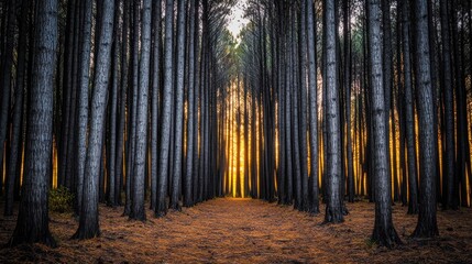 Obraz premium Sunlight streams through a dense plantation of tall pine trees.