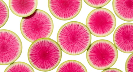 Closeup of watermelon radish slices isolated on transparent background, showcasing their vibrant pink color, round shape, and fresh, healthy appearance in a studio shot