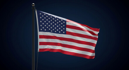 Obraz premium American flag proudly waves on a pole against a deep blue background. Symbolizing patriotism, freedom, and national identity for various US-themed designs, news, and events