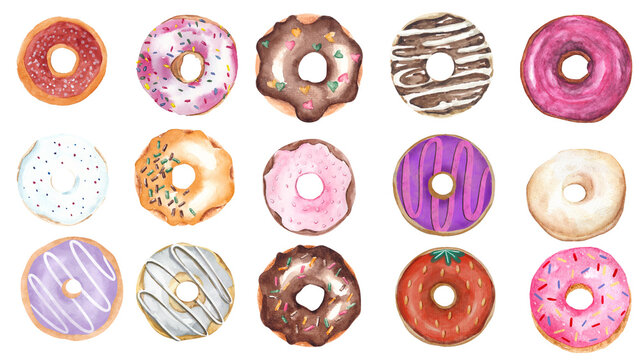 A colorful and delicious set of assorted watercolor doughnut illustrations isolated on a white background.
