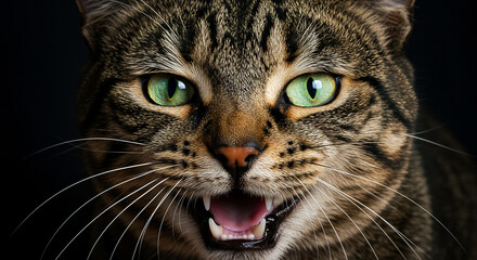 An intense close-up portrait of a fierce tabby cat with striking emerald green eyes and an open mouth revealing sharp teeth, possibly hissing or growling against a dark background. Evokes aggression