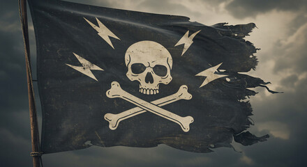 An old, tattered black pirate flag, featuring a skull, crossbones, and lightning bolts, waves dramatically against a stormy sky. Perfect for concepts of risk, rebellion, cyber security, or vintage