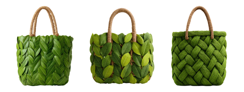 Three Unique Green Handwoven Bags on Transparent Background