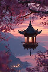 Obraz premium Cherry blossoms, lantern, mountains