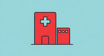 Fototapeta premium Abstract Medical Care Center Red Building on Clean Blue Background