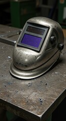 Welding helmet on metal table