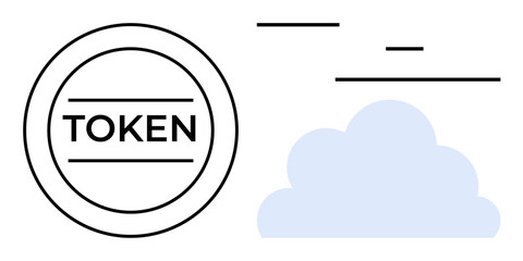 Circular token labeled Token next to a blue cloud with lines above. Ideal for cryptocurrency, blockchain, virtual assets, data security, cloud storage, digital economy, simple landing page