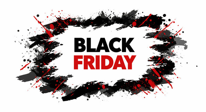 Bold Black Friday sale banner with grunge paint splatters and brush strokes on a white background. Ideal for e-commerce promotions, advertising, and marketing campaigns for holiday discounts