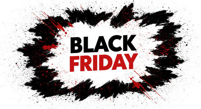 Bold Black Friday text set within a dynamic grunge splatter frame in black and red, ideal for urgent sales, seasonal promotions, holiday shopping banners, and digital marketing campaigns on a clean - Powered by Adobe
