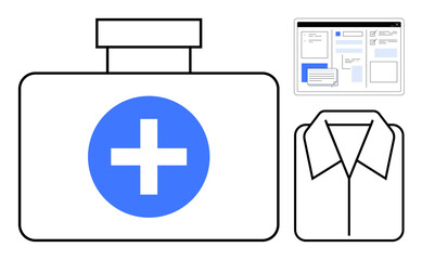 Fototapeta premium Medical bag with blue cross, folded shirt icon, and web interface representing organization and communication. Ideal for healthcare, business, planning, efficiency, digital tools, formality simple
