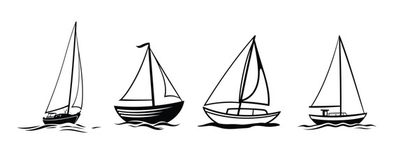 Illustration of four sailboats sailing on the sea isolated on white background