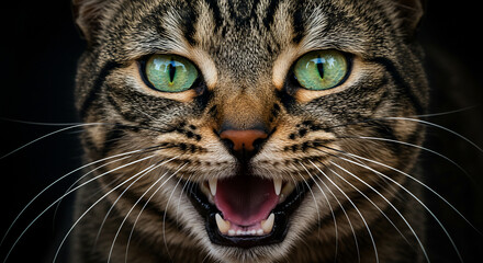Captivating close-up of a domestic tabby cat's face with stunning green eyes, an open mouth revealing fangs and whiskers against a dark background. Intense feline expression, symbolizing wildness