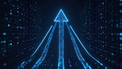 Futuristic glowing arrow pointing upward with digital data lines and glowing particles in a high-tech abstract digital background for technology innovation concept