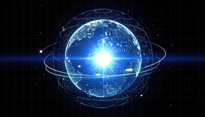 Obraz premium Highly detailed digital illustration of a glowing futuristic Earth with orbiting lines and digital effects representing technology innovation and global connectivity