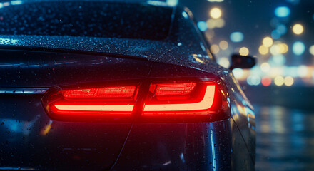 Close-up of modern car taillights glowing red on a rainy city street at night, with blurred bokeh lights creating an atmospheric urban background. Ideal for automotive or travel concepts