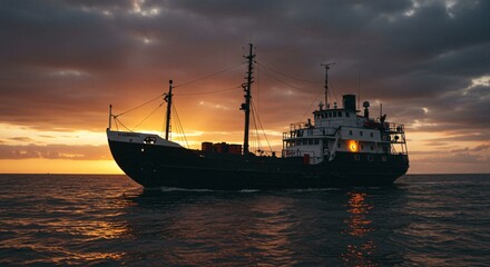 Fototapeta premium a large boat in the water at sunset