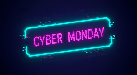 Cyber Monday neon sign with futuristic glitch effect, perfect for online shopping sales, e-commerce promotions, and holiday discount banners. Vibrant digital marketing background