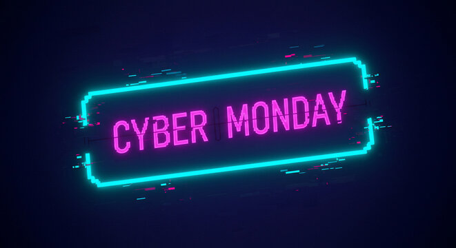 Cyber Monday neon sign with futuristic glitch effect, perfect for online shopping sales, e-commerce promotions, and holiday discount banners. Vibrant digital marketing background
