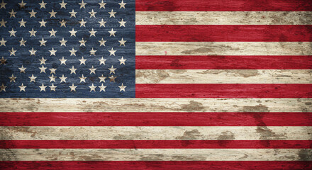 Fototapeta premium Distressed American flag background featuring a weathered wood texture, creating a vintage, rustic aesthetic. Perfect for patriotic themes, national holidays like the Fourth of July, Americana