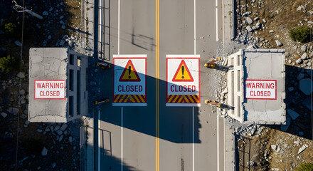 Aerial View Of An Isolated Road Closure With Damaged Barriers And Warning Signs