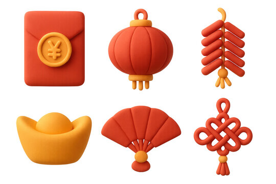 Bright clay style lunar new year set with lantern, fan, gold sycee, and decorative knot in red and yellow