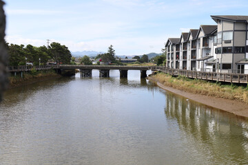Obraz premium Seaside bridge boardwalk over tidal area