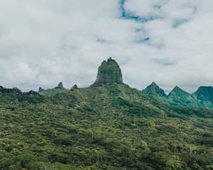 Panoramic view of Mount Tohivea and surrounding peaks on Moorea Island.