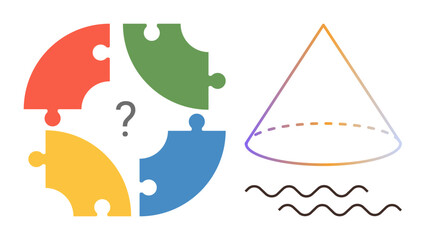 Circular puzzle with question mark, gradient cone, and wavy lines representing problem-solving, creativity, teamwork, math concepts, brainstorming, education and innovation. Simple flat metaphor