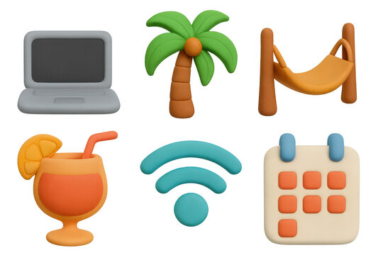 Colorful 3d icons of laptop, palm tree, hammock, cocktail, wifi, calendar in vacation theme
