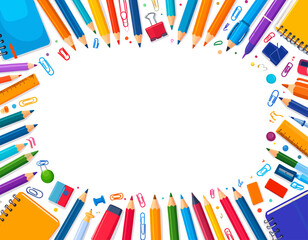 A vibrant frame of colorful school supplies and office stationery. Back to school or creative learning concept background.