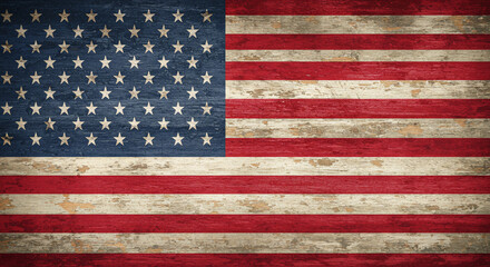 Obraz premium Distressed American flag on a rustic wooden texture, embodying patriotism and vintage style. Perfect for backgrounds, national holidays, or grunge designs