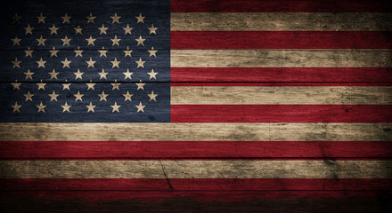 Distressed American flag on rustic wooden planks, a vintage patriotic background conveying strength, history, and national pride, ideal for independence day celebrations and heritage themes