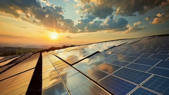 Sprawling solar panel array is bathed in warm glow setting sun. Rolling hills, vibrant sky frame scene, emphasizing renewable energy.