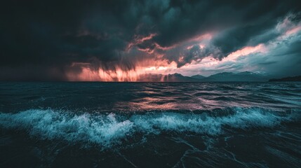 Dramatic sunset over a stormy lake.