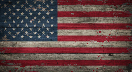Fototapeta premium Distressed American flag painted on weathered wooden planks, showcasing a rustic and vintage grunge texture. Ideal for patriotic themes, national holidays, Americana backgrounds, or historical