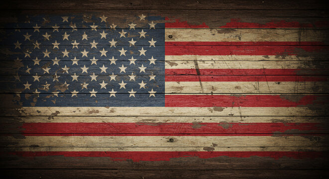 Distressed American flag painted on weathered wooden planks, creating a grunge, rustic texture. This patriotic background evokes themes of heritage, freedom, and national pride, perfect for 4th of